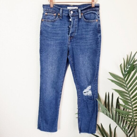 Levi's Wedgie Straight Distressed Jeans Button Fly Medium Wash size 29 y2k 90s - Picture 2 of 16